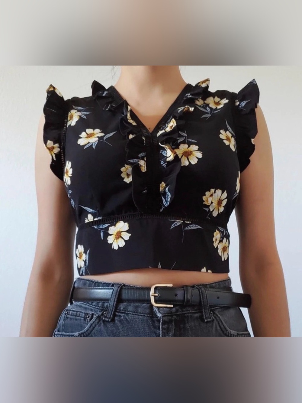 Xhilaration Black Crop Top with Yellow Floral Print tie back size L
